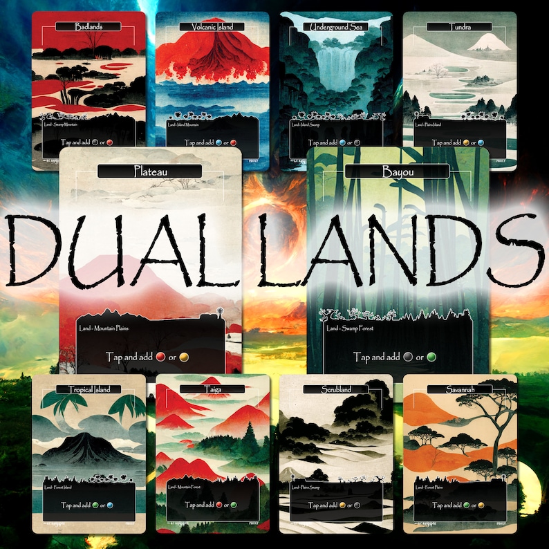 K&ouml;nnte beinhalten: Eine Sammlung von Fantasy-Sammelkarten. Jede Karte zeigt eine einzigartige Landschaftsillustration, darunter eine Vulkaninsel, Tundra und Bayou. Die Karten tragen den Text "DUAL LANDS" und weiteren Text.