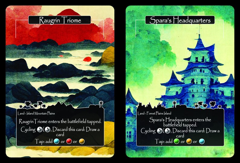 Puede incluir: Dos cartas de Magic: The Gathering, Raugrin Triome y Cuartel General de Spara, con ilustraciones de estilo acuarela. Ambas cartas son tierras con habilidades de ciclismo y se activan para agregar man&aacute; de diferentes colores.