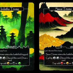 Puede incluir: Se muestran dos cartas de Magic: The Gathering, Indatha Triome y Savai Triome. Ambas cartas son tierras con una habilidad de ciclismo. Indatha Triome es una tierra de Llanura, Pantano y Bosque, mientras que Savai Triome es una tierra de Monta&ntilde;a, Llanura y Pantano.
