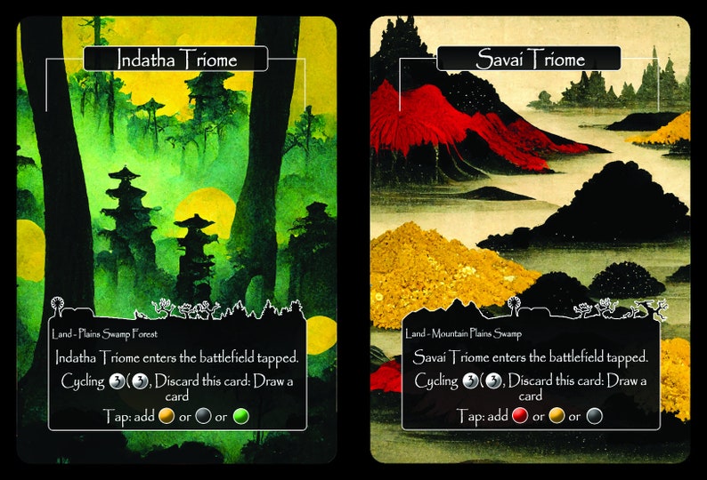 Puede incluir: Se muestran dos cartas de Magic: The Gathering, Indatha Triome y Savai Triome. Ambas cartas son tierras con una habilidad de ciclismo. Indatha Triome es una tierra de Llanura, Pantano y Bosque, mientras que Savai Triome es una tierra de Monta&ntilde;a, Llanura y Pantano.