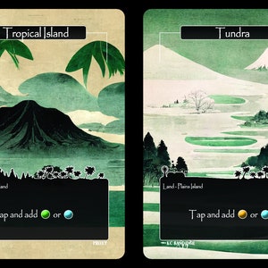 K&ouml;nnte beinhalten: Zwei Landschaftskunstkarten. Eine zeigt eine tropische Insel mit Vulkan und Palmen, die andere eine Tundra mit Bergen und sp&auml;rlichen B&auml;umen. Jede Karte hat eine schwarze Box mit dem Text "Tap and add or".