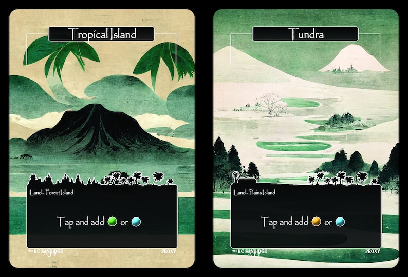 K&ouml;nnte beinhalten: Zwei Landschaftskunstkarten. Eine zeigt eine tropische Insel mit Vulkan und Palmen, die andere eine Tundra mit Bergen und sp&auml;rlichen B&auml;umen. Jede Karte hat eine schwarze Box mit dem Text "Tap and add or".