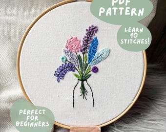 Flower Hand Embroidery Pattern for Beginners: Learn 10 embroidery stitches (Instant PDF Download)
