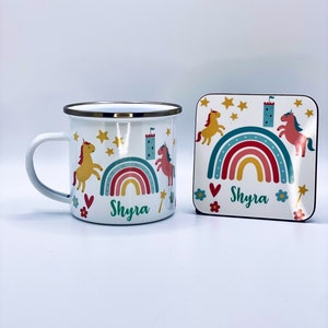 Personalised Unicorn Rainbow Enamel Mug,  Personalised kids Mug,  Boy & Girls Birthday, Hot Chocolate Mug plus optional matching coaster.