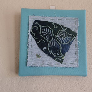 Fabric art collage, teal blue hand stitched fabric art, mini textile art, vintage textiles, hand embroidered fabric art.