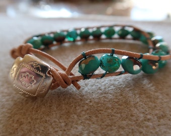 Turquoise leather wrap bracelet for women, turquoise czech beads, southwest style leather beaded bracelet