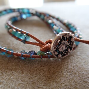 Blue  leather double wrap bracelet for women, blue czech beads, hill tribe silver southwest style leather beaded bracelet