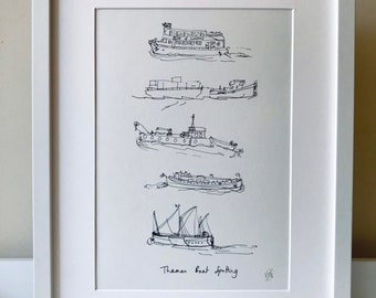 London Boats / London Art Print / River Thames pen and ink illustration