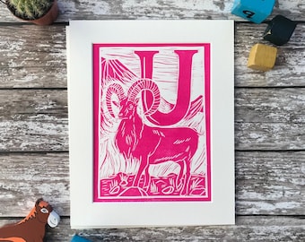 Personalised Initial Print Letter U - Hand printed Linocut Animal Alphabet / Urial / New Baby Gift / First Birthday Gift / Nursery Decor