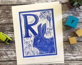 Personalised Initial Print Letter R - Hand printed Linocut Animal Alphabet / Rabbit / New Baby Gift / First Birthday Gift / Nursery Decor