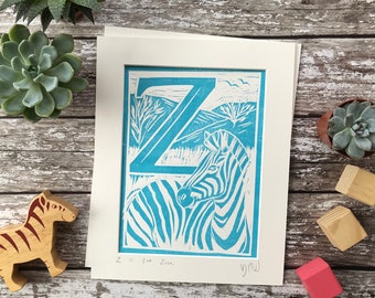 Personalised Initial Print Letter Z - Hand printed Linocut Animal Alphabet / Zebra / New Baby Gift / First Birthday Gift / Nursery Decor