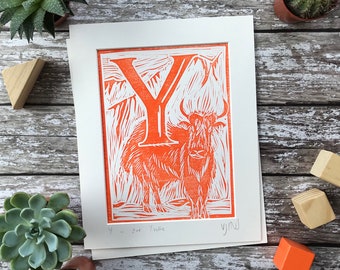 Personalised Initial Print Letter Y - Hand printed Linocut Animal Alphabet / Yak / New Baby Gift / First Birthday Gift / Nursery Decor