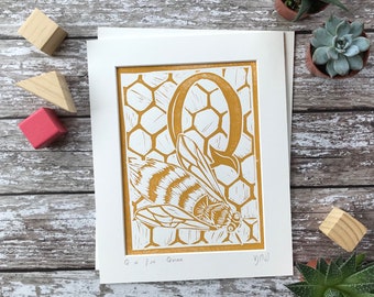 Personalised Initial Print Letter Q - Hand printed Linocut Animal Alphabet / Queen Bee / New Baby Gift / First Birthday Gift / Nursery Decor