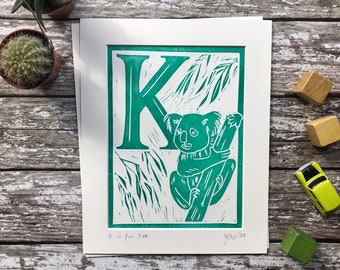 Personalised Initial Print Letter K - Hand printed Linocut Animal Alphabet / Koala / New Baby Gift / First Birthday Gift / Nursery Decor