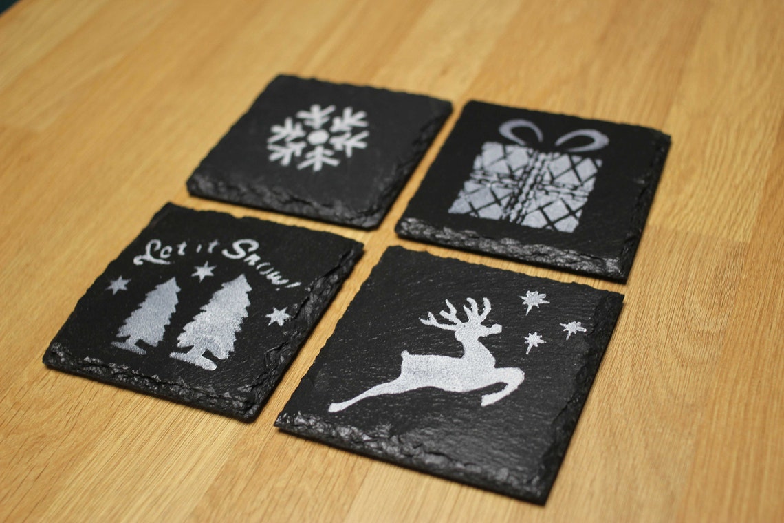 Christmas Slate Coaster Set Hand Printed Square Rustic Etsy