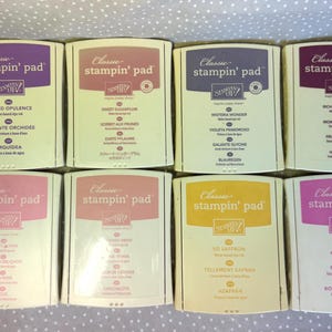 Retired Classic Ink Pads- Rich Razzleberry, Wisteria Wonder, Sweet Sugarplum, Orchid Opulence. Pixie Pink, So Saffron, Blushing Bride