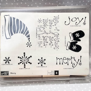 BRAND NEW vintage Merry stamp set, Retired Stampin Up, set of 8 stamps, Great Christmas stamp set