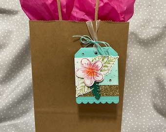 Handmade Gift Tags, Stampin Up! Cute Pink Plumeria Flower Tag, Pack of 5 tags