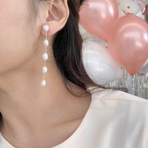 MARMELO / Freshwater Cultured Pearl Linear Long Drop Earrings / Perfect for Everyday, Birthday and Wedding / Gift box
