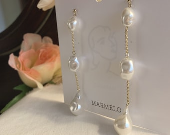 MARMELO / Tiered Pearls Drop earrings for woman / Gold Chain with Pearls Long drop earrings / Gift box