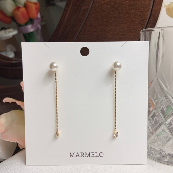 MARMELO / Two In One Pearl Stud and Cubic Zirconia Long Drop Earrings for woman / Hypoallergenic earrings good for Everyday / Gift box