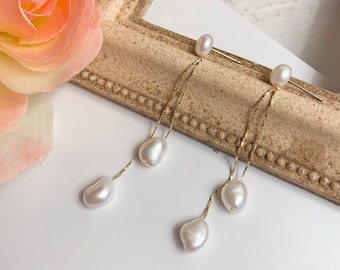 MARMELO / Yellow Gold White Pearl Long Drop Earrings / Perfect for Everyday, Birthday and Wedding / Gift box