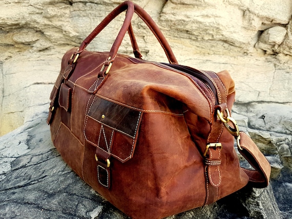 Vintage Leather Mens Large Weekender Bag Travel Bag Duffle Bag