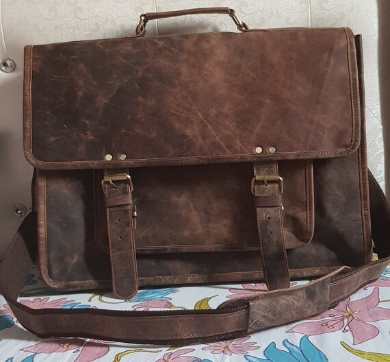 17/18 inch Laptop Bag Distressed Leather Dark Brown Leather | Etsy