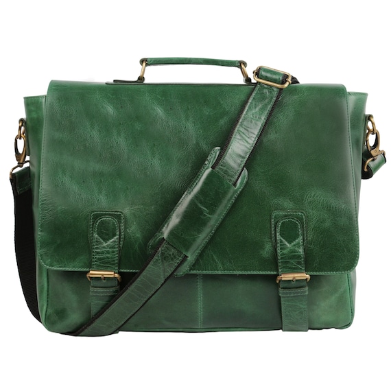 Vintage Green Leather Messenger Bag for Her / Crossbody Bag/ 