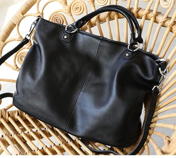 Large Black Leather Handbag Tote Leather Shoulder Bag 