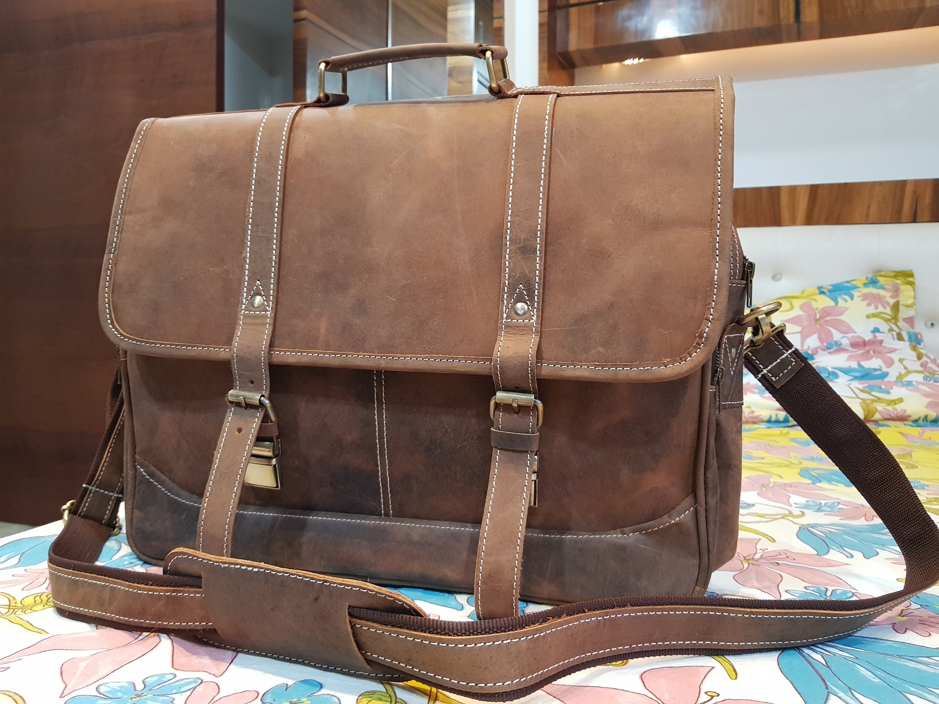 Large leather messenger bag briefcase business bag men Etsy