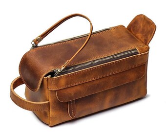 Genuine Buffalo Leather Unisex Toiletry Bag Travel Dopp Kit By Vintage Couture 
