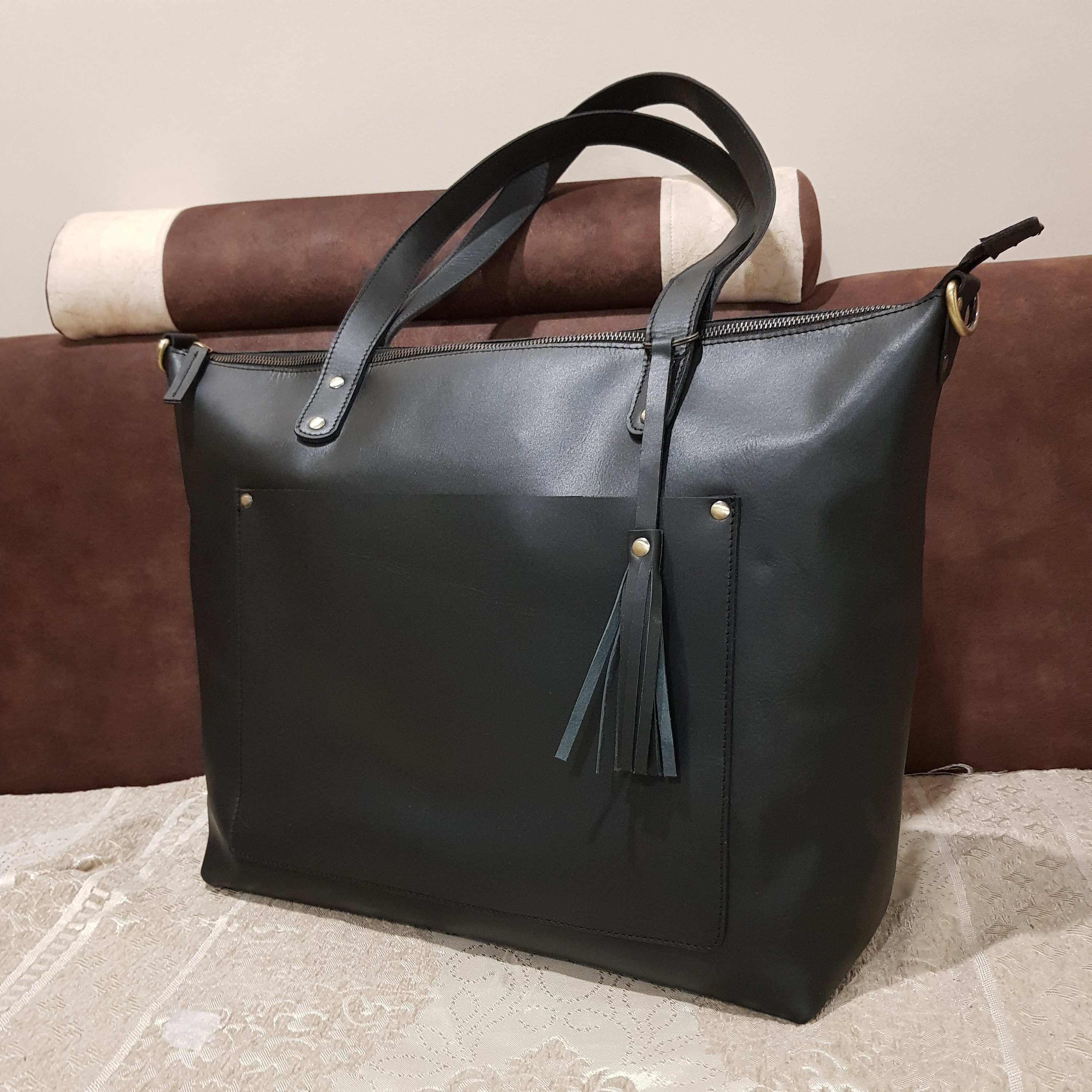 Extra Large Black Leather Tote Bag Oversized Work and Travel 