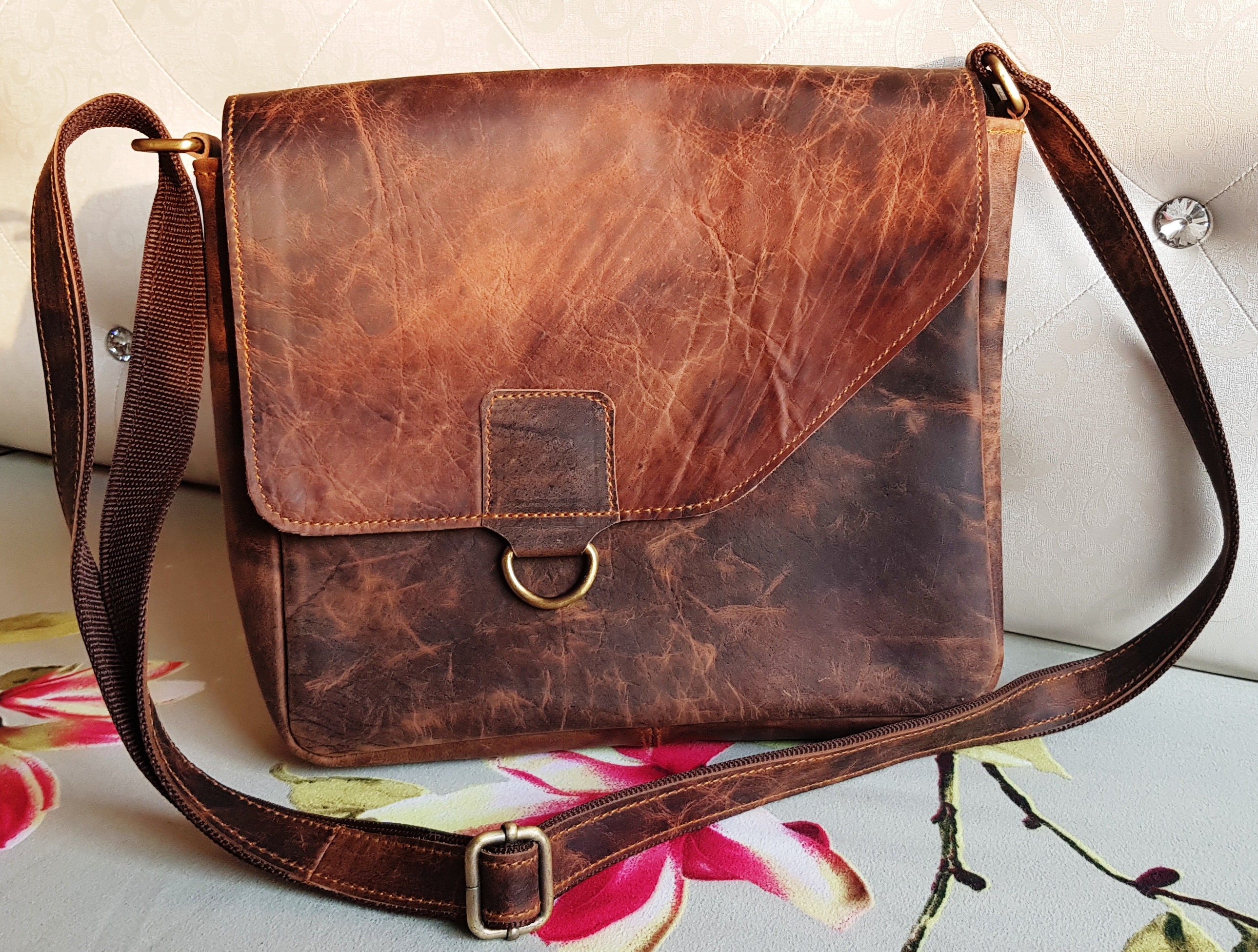 Leather Crossbody Bag Medium Brown Distressed Leather Purse 