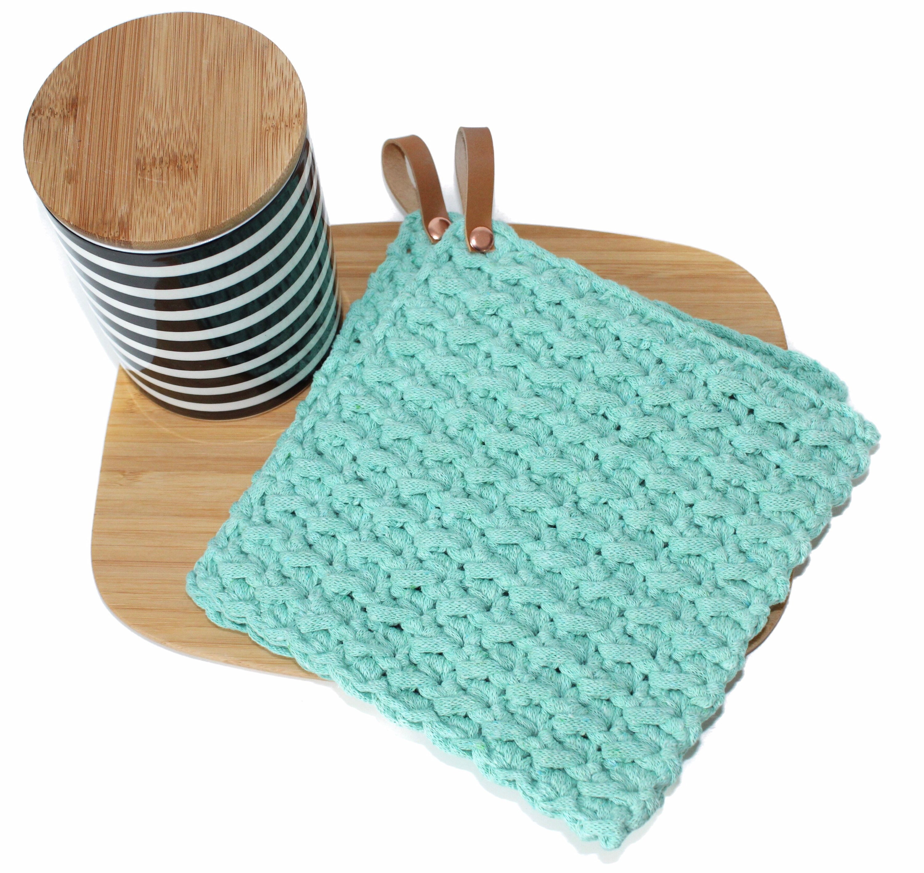 Recycled yarn pot holders crocheted with leather loop 2set in Etsy