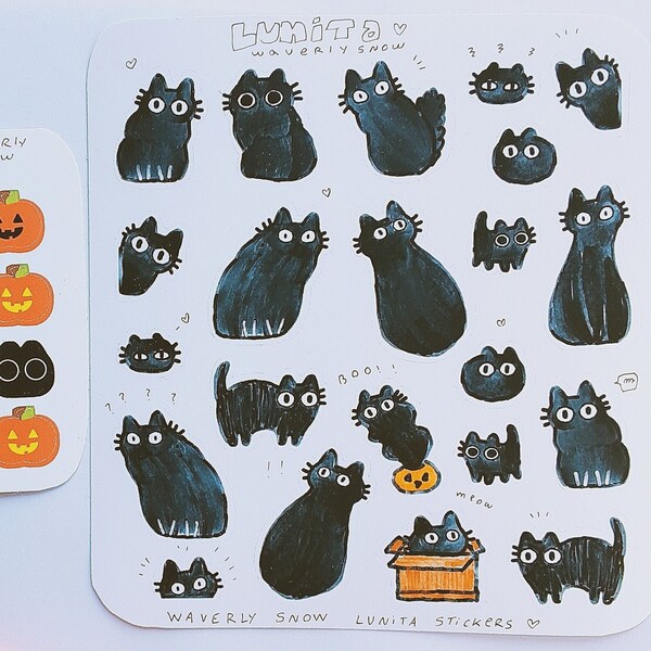 Stickers Lunita the cat. Handmade. Waterproof / matte white / transparent / stickers. Cute black cat stickers. Unique sticker sheet.