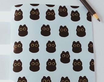Carnet de notes fait main chat noir, bleu clair, 5 x 7, vierge ou ligné