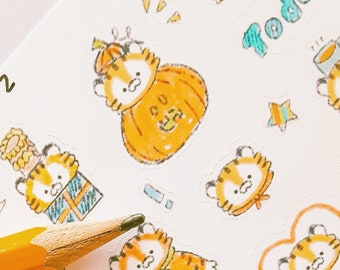 Cute tiger stickers. Mikan the tiger version 2. Handmade. Waterproof / matte white / transparent / stickers. cute little tiger stickers.