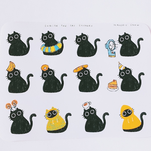 Cute cat stickers. Lunita the cat sticker sheet. Water-resistant /matte / clear stickers. Cute handmade stickers.