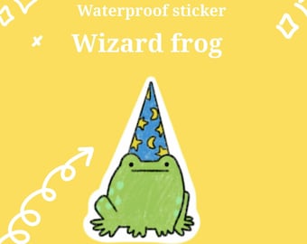 Greenie the wizard frog, waterproof sticker. Cute transparent / matte white sticker.