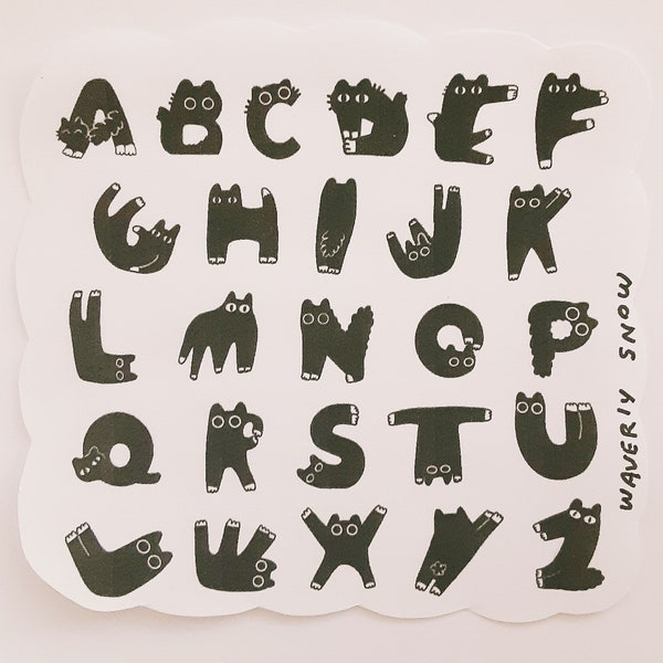 Cat Alphabet Stickers. Handmade. Lunita the cat. Water-resistant/ matte white / transparent / sticker sheet. Unique small ABC stickers.