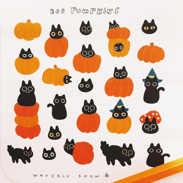 Handmade Stickers. Boo Pumpkins. Lunita the cat. Water-resistant / matte white / transparent / stickers. Cute Halloween sticker sheet.