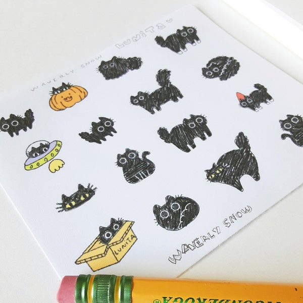 Stickers Lunita the cat. Handmade. Waterproof / matte white / transparent / sticker sheet. 16 stickers. Cute black cat stickers.