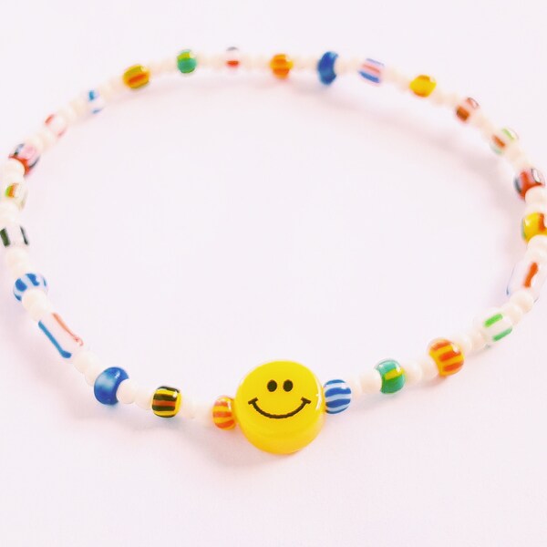 Handmade Bracelet. Cute happy face, beaded bracelet. Unique Striped Seed bead bracelet. Cute One of a kind bracelet.