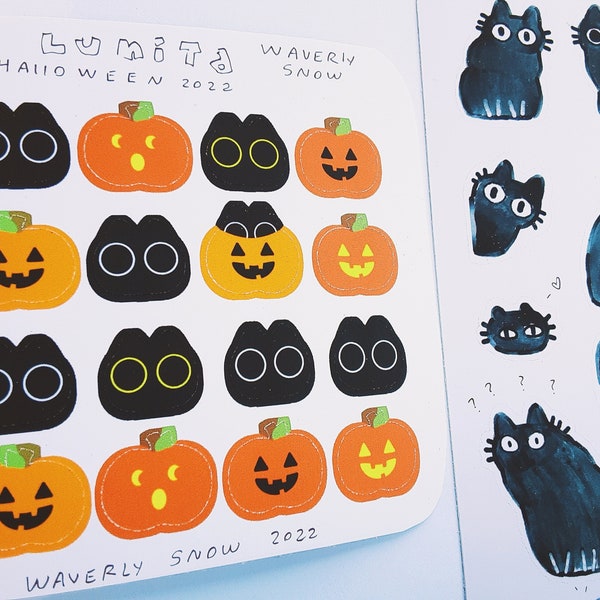 Stickers Halloween Lunita the cat. Sticker sheet. Handmade. Waterproof / matte white / transparent / stickers. Cute Halloween stickers.