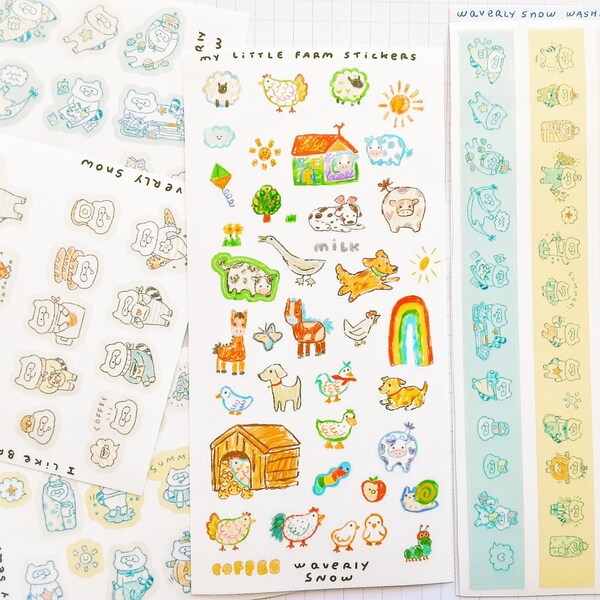 Stickers My Little Farm. Handmade. Unique. Matte white / transparent / sticker sheet. Crayon style sticker sheet. One of a kind.