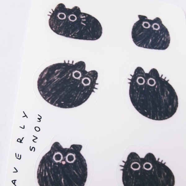 Stickers mini Lunita the cat. Handmade. Waterproof / matte white / transparent stickers. Cute little cat stickers.