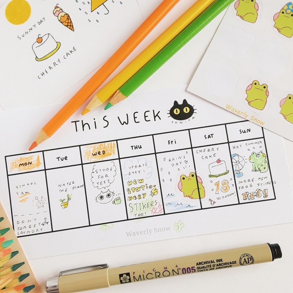 Weekly planner notepad. Cute lunita the cat weekly. To do list, reminder, habit tracker, notes, notepad. Handmade mini weekly planner.