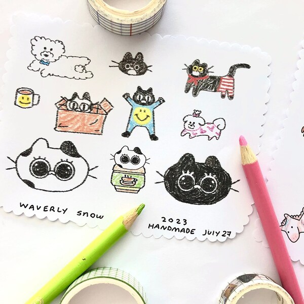 Sticker Doodles. Cats & Dogs. Handmade. One of a kind. Small Stickers. Lunita the Cat Stickers. Cute Bichon Dog sticker. Pet Stickers.