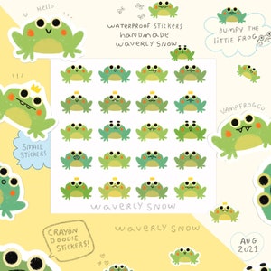 Sticker sheet Jumpy the frog. Cute small frog stickers. Handmade, waterproof transparent / matte white stickers.